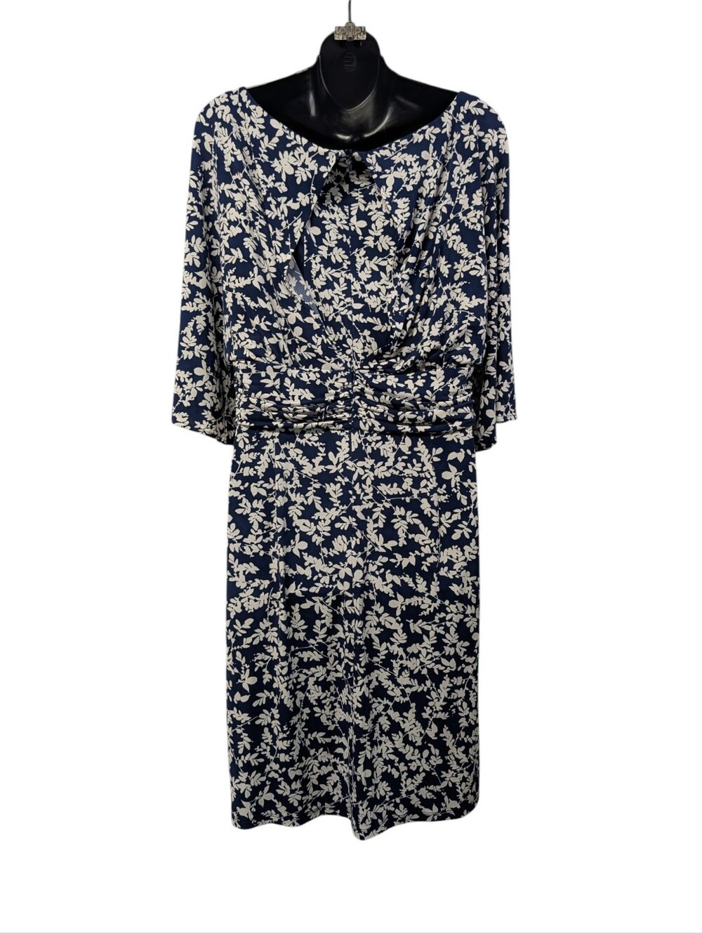 JMH Size 14 Navy White Leaf Print Midi Dress Flutter Sleeve Stretch Half Sleeve - Picture 2 of 9